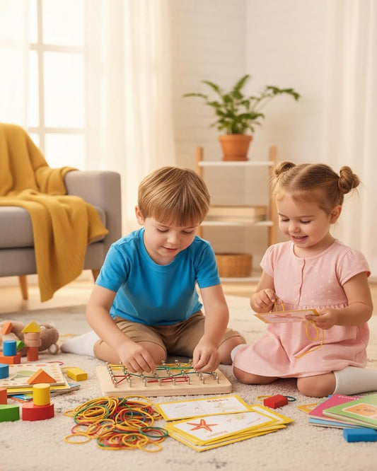 Kids Wooden Geoboard Montessori Toy - Graphical Math Learning Tool for 3-5 Year Old Toddlers, Includes Pattern Cards and Rubber Bands to Build Shapes and Figures, Preschool Educational Toys