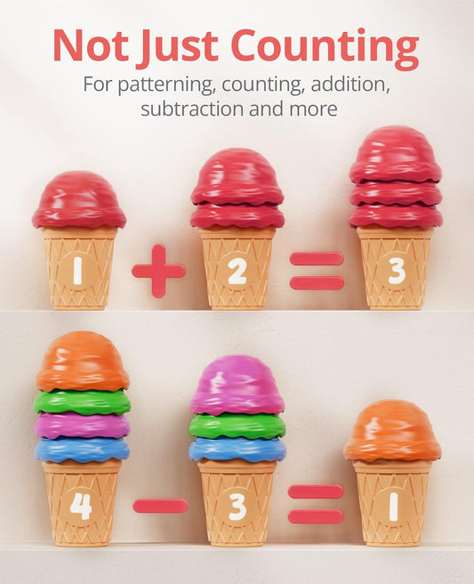 JoyCat Ice Cream Preschool Learning Activities Counting and Color Sorting Set Stacking Toys for Kids 3-5, Educational Fine Motor Skills Toys, 65PCS Math Manipulatives