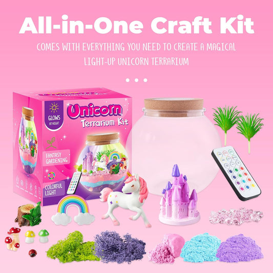 JOYEEMAX Unicorn Light-Up Terrarium Kit for Kids - LED Night Light Birthday Gift for Girls Ages 4 5 6 7 8-12 Year Old - Unicorn Toys for Girls - DIY Arts and Crafts Kit for Kids