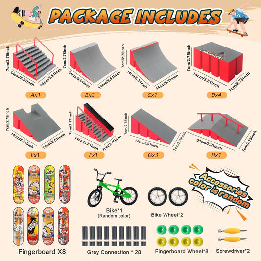 14-in-1 Fingerboard Skatepark Set with 8 Finger Skateboards and Finger Bike