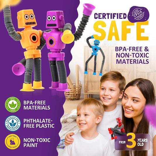 nutty toys Sensory Robot Toys 4pk - Top Pop Tubes Fidget 2026 for ADHD & Autism Ages 3 4 5 6 7 8 9 10 11 12, Best Kids Travel Idea, Unique Christmas Kids & Tween Gift Idea, Cool Boy Stocking Stuffers