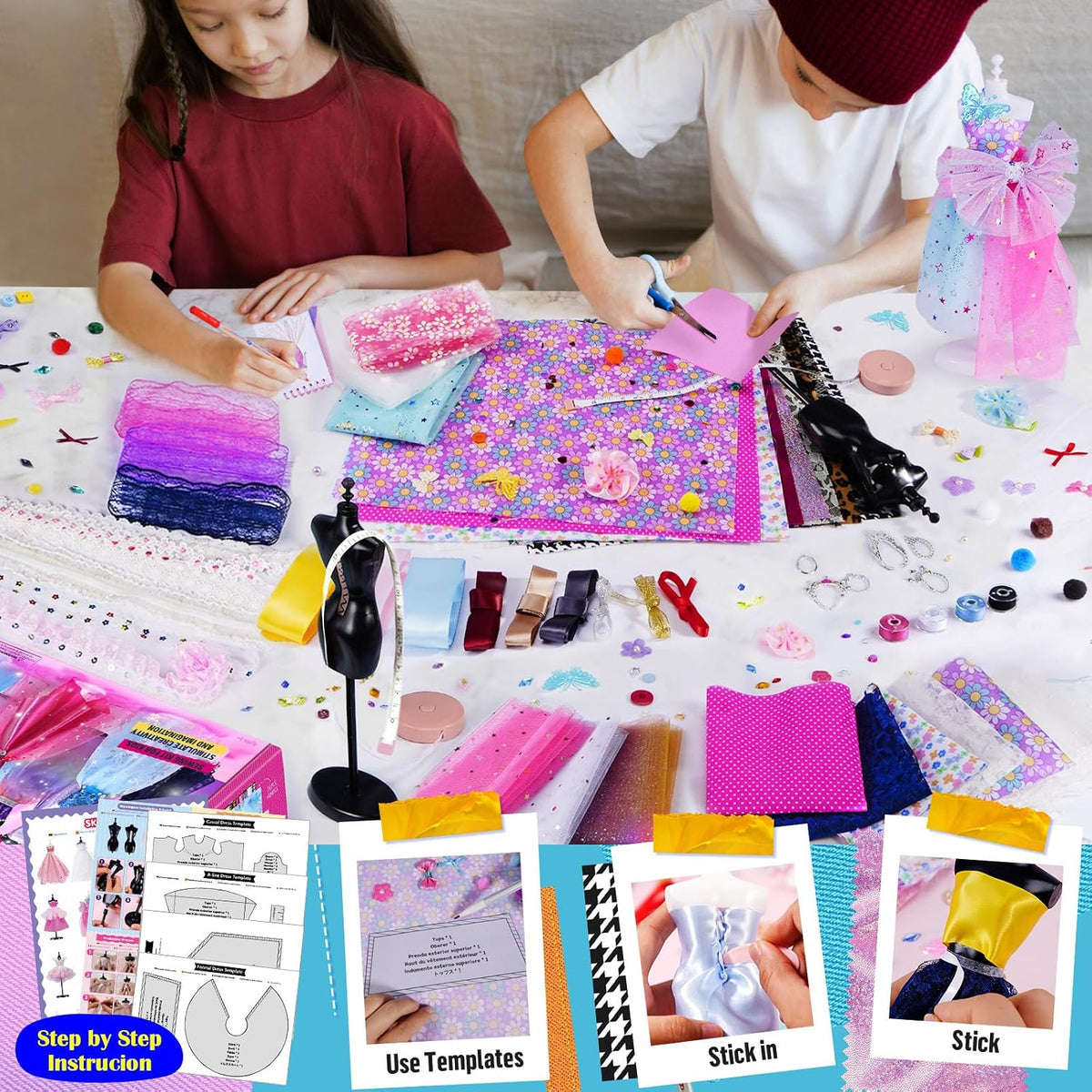 Fashion Designer Kits for Girls with 6 Mannequins, 800+ Kids Sewing Kits