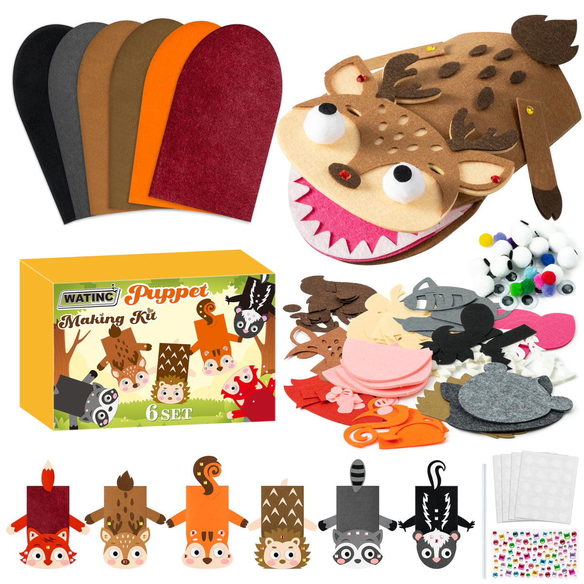 WATINC Hand Puppet Making Kit, Felt Sock Puppet Toys for Kids (Animals)