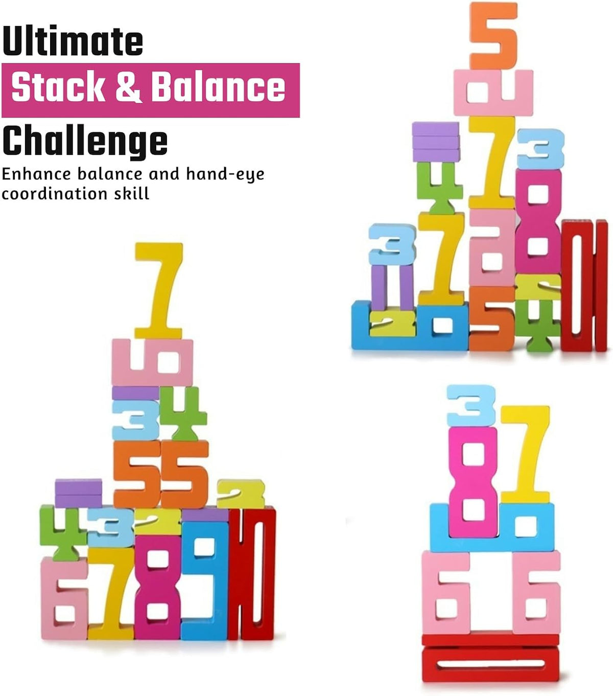 Gdaytao 20PCS Wooden Number Building Blocks 1-10 - Math Stackers Stacking Number Toys with Counting Games, Bright Digital Building Blocks Friends of 10, STEM Montessori Learning Toys for Kids Ages 3-8