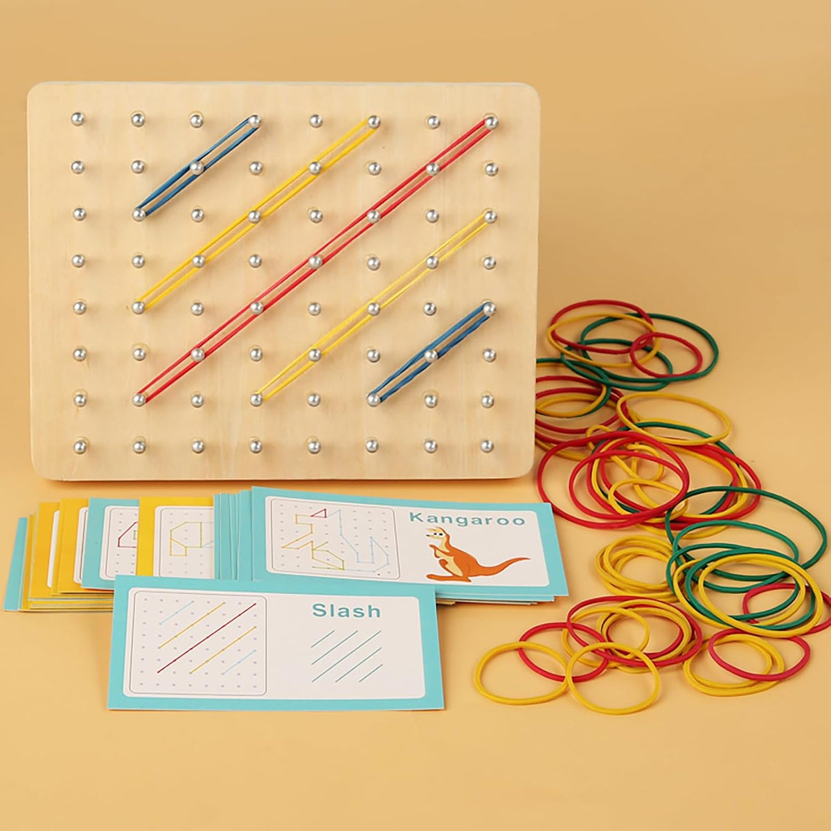 Kids Wooden Geoboard Montessori Toy - Graphical Math Learning Tool for 3-5 Year Old Toddlers, Includes Pattern Cards and Rubber Bands to Build Shapes and Figures, Preschool Educational Toys