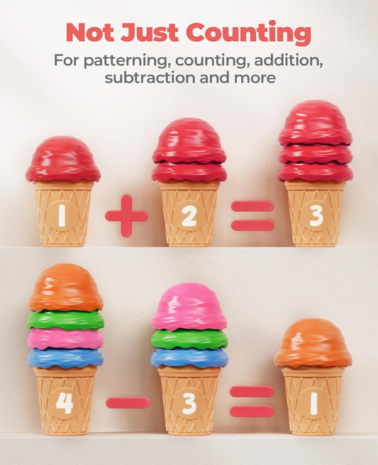 JoyCat Ice Cream Preschool Learning Activities Counting and Color Sorting Set Stacking Toys for Kids 1-5, Educational Fine Motor Skills Toys, 30PCS Math Manipulatives
