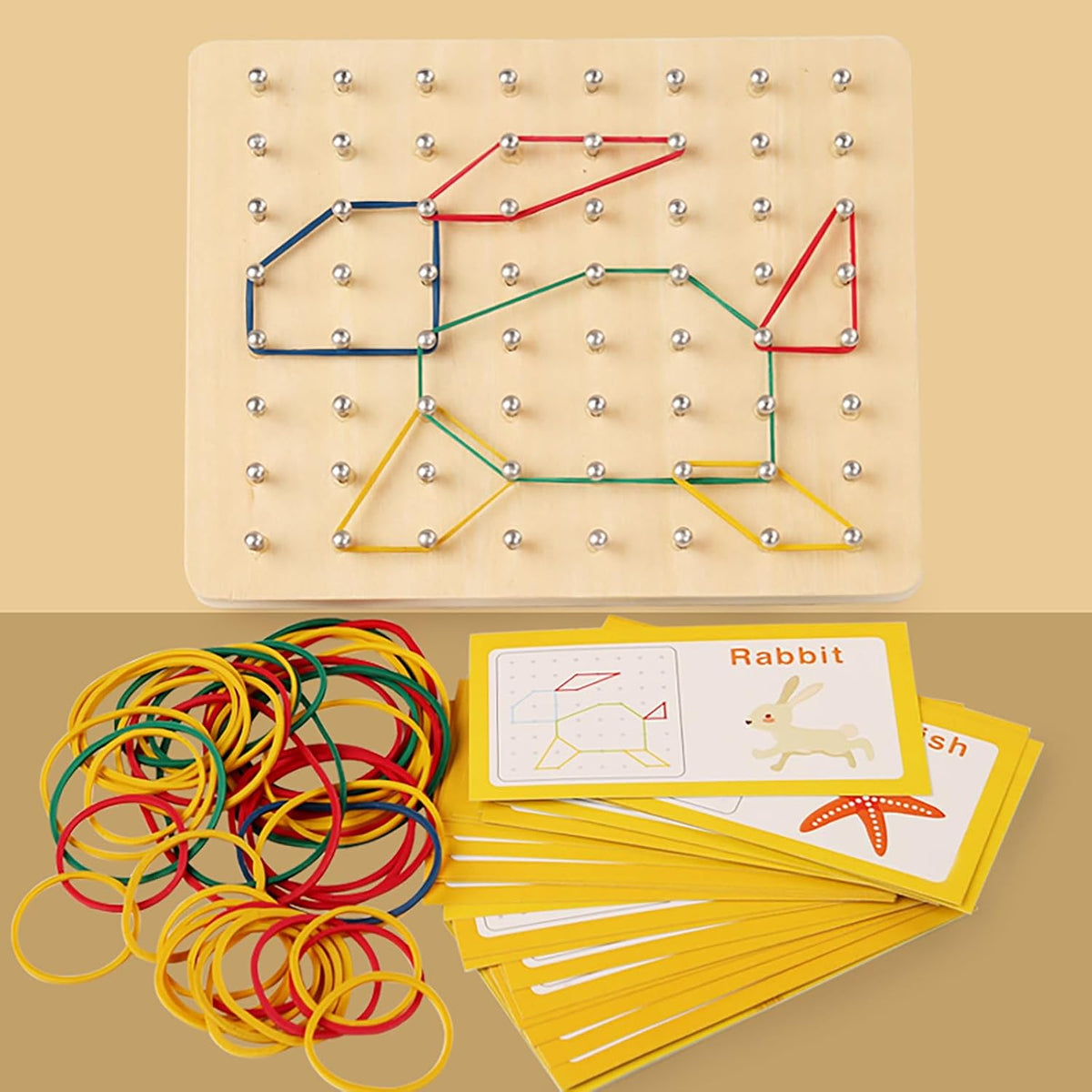 Kids Wooden Geoboard Montessori Toy - Graphical Math Learning Tool for 3-5 Year Old Toddlers, Includes Pattern Cards and Rubber Bands to Build Shapes and Figures, Preschool Educational Toys