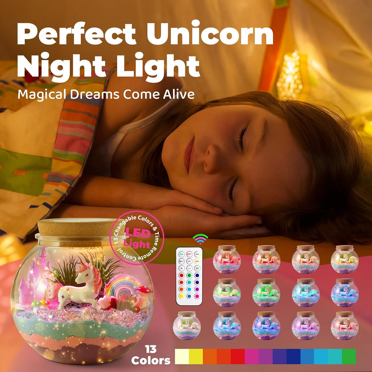 JOYEEMAX Unicorn Light-Up Terrarium Kit for Kids - LED Night Light Birthday Gift for Girls Ages 4 5 6 7 8-12 Year Old - Unicorn Toys for Girls - DIY Arts and Crafts Kit for Kids