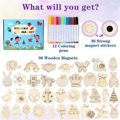 DIY Wooden Magnet 36 Art Craft Supplies Painting Kit for Kids Ages 4-8 8-12
