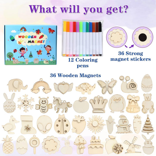 DIY Wooden Magnet 36 Art Craft Supplies Painting Kit for Kids Ages 4-8 8-12