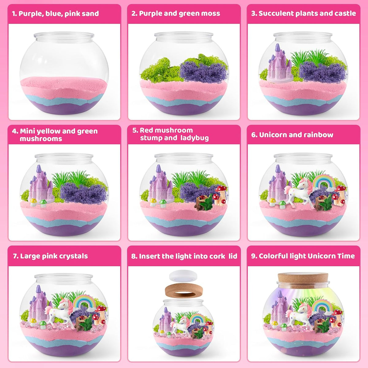 JOYEEMAX Unicorn Light-Up Terrarium Kit for Kids - LED Night Light Birthday Gift for Girls Ages 4 5 6 7 8-12 Year Old - Unicorn Toys for Girls - DIY Arts and Crafts Kit for Kids