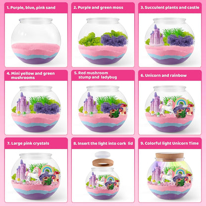 JOYEEMAX Unicorn Light-Up Terrarium Kit for Kids - LED Night Light Birthday Gift for Girls Ages 4 5 6 7 8-12 Year Old - Unicorn Toys for Girls - DIY Arts and Crafts Kit for Kids