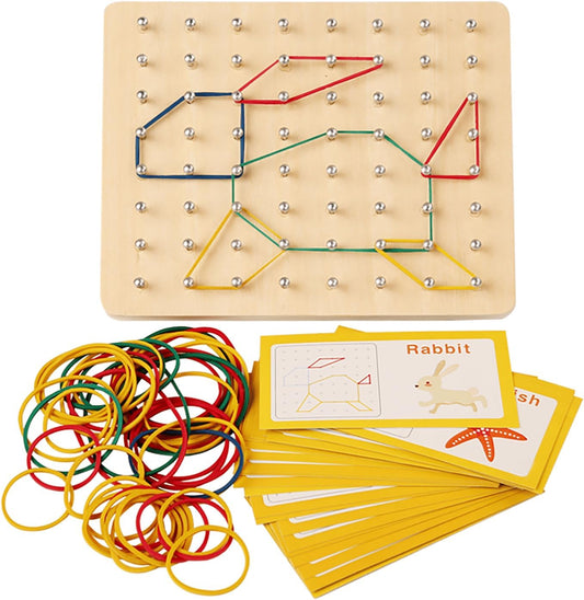 Kids Wooden Geoboard Montessori Toy - Graphical Math Learning Tool for 3-5 Year Old Toddlers, Includes Pattern Cards and Rubber Bands to Build Shapes and Figures, Preschool Educational Toys