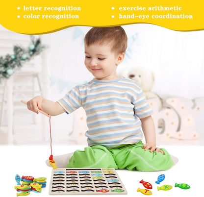 Magnetic Wooden Fishing Game Toy for Preschoolers, Alphabet Fish Catching Counting Games Puzzle with Numbers and Letters, Preschool Learning ABC and Math Educational Toys for 3 4 5 Years Old Kids