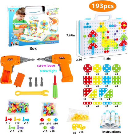 HAPTIME Design and Drill Toy,Educational Toys Building for Kids Ages 3-8,STEM Toys for 3 4 5 6 Year Old,193 Pcs Electric Drill Toy,Magic Montessori Play Toolbox for Toddler Boys Girls Preschool