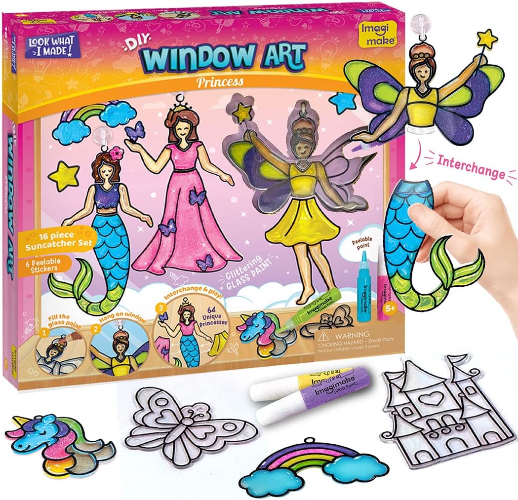 Imagimake Window Art - Princess, Mermaid, Unicorn 16 Pieces Suncatcher Kit