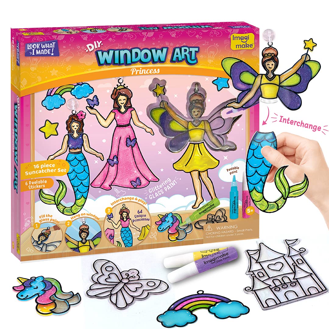 Imagimake Window Art - Princess, Mermaid, Unicorn 16 Pieces Suncatcher Kit
