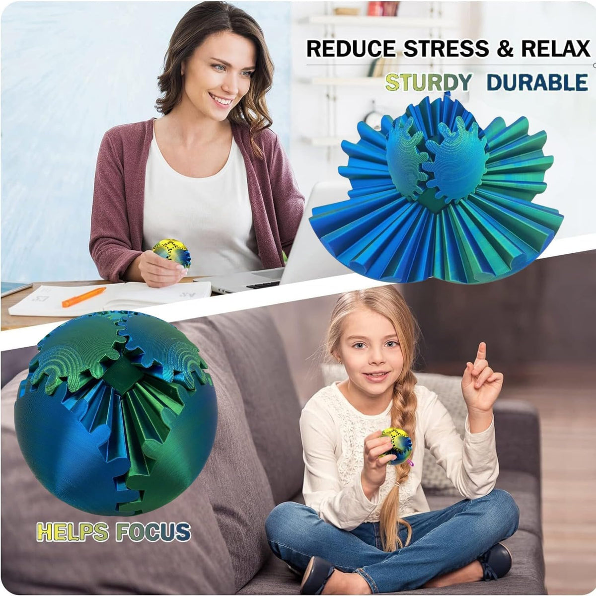 Gear Ball 3D Printed Spin Ball Cube Fidget Toys, Gear Sphere Fidget Toy, GearSphere Desk Toy Stress Fidget Balls, Fidgets Spinners for Adults & Kids Anxiety Relaxing (Laser Green Blue, 3.1 Inch)