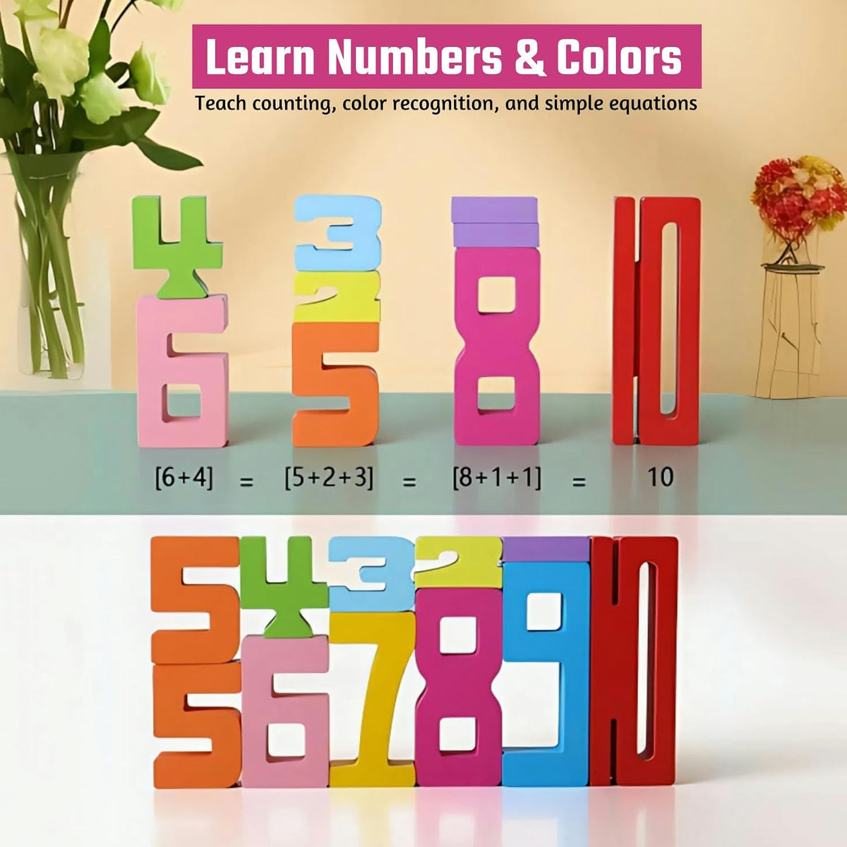 Gdaytao 20PCS Wooden Number Building Blocks 1-10 - Math Stackers Stacking Number Toys with Counting Games, Bright Digital Building Blocks Friends of 10, STEM Montessori Learning Toys for Kids Ages 3-8