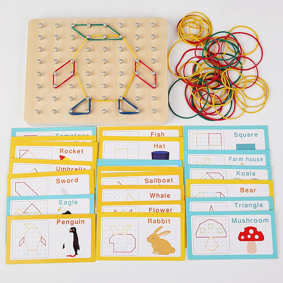 Kids Wooden Geoboard Montessori Toy - Graphical Math Learning Tool for 3-5 Year Old Toddlers, Includes Pattern Cards and Rubber Bands to Build Shapes and Figures, Preschool Educational Toys