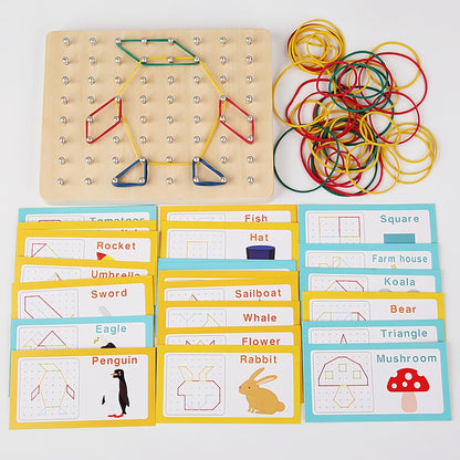 Kids Wooden Geoboard Montessori Toy - Graphical Math Learning Tool for 3-5 Year Old Toddlers, Includes Pattern Cards and Rubber Bands to Build Shapes and Figures, Preschool Educational Toys