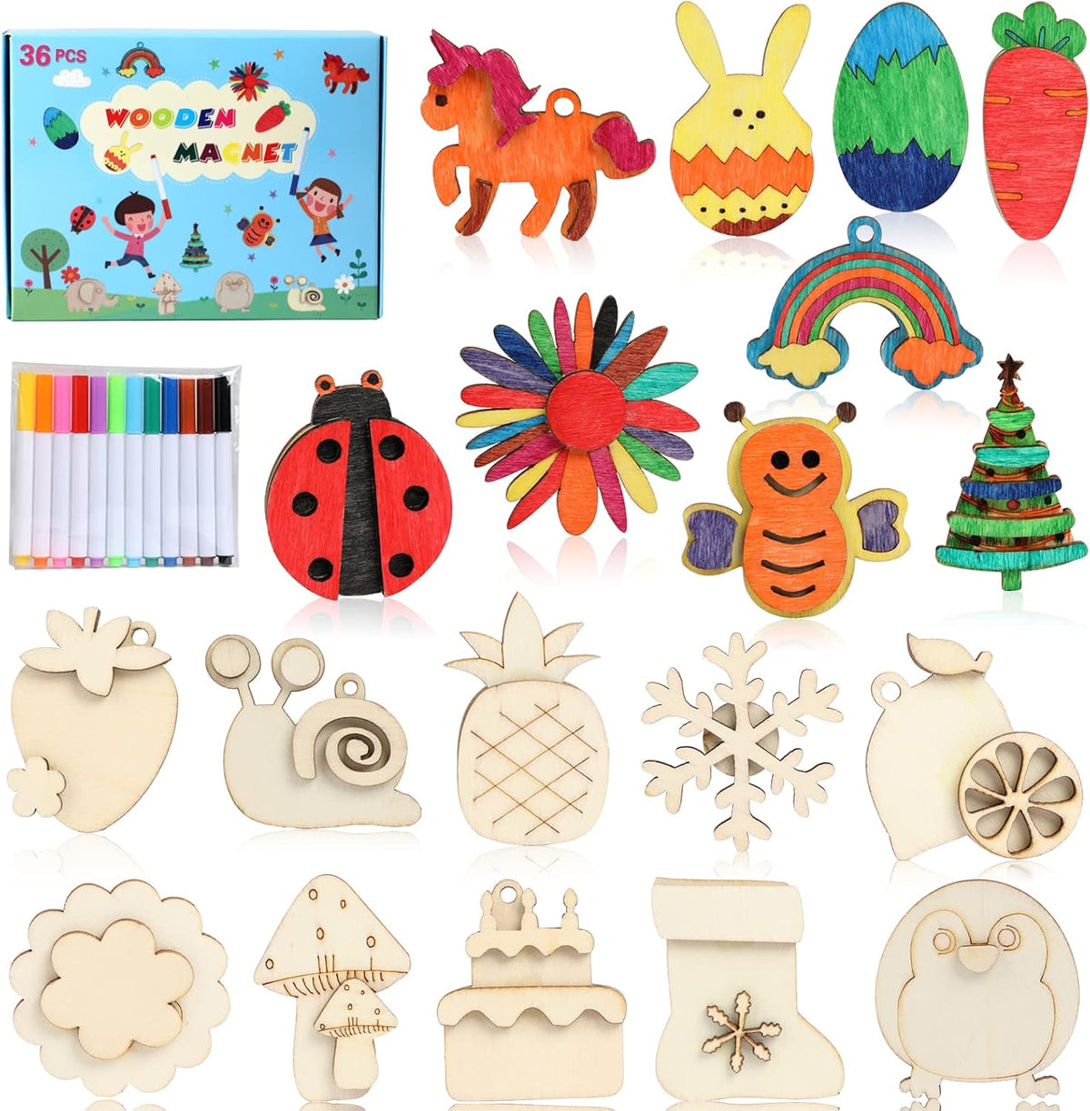 DIY Wooden Magnet 36 Art Craft Supplies Painting Kit for Kids Ages 4-8 8-12