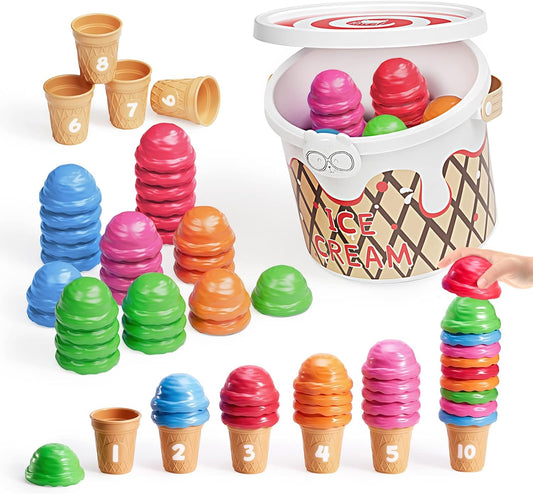 JoyCat Ice Cream Preschool Learning Activities Counting and Color Sorting Set Stacking Toys for Kids 3-5, Educational Fine Motor Skills Toys, 65PCS Math Manipulatives