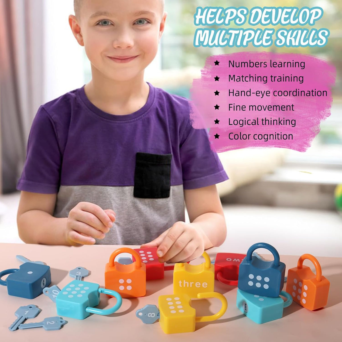 Dinhon Montessori Number Lock Key Toy Learning Game for 3-5 Years Old Kids