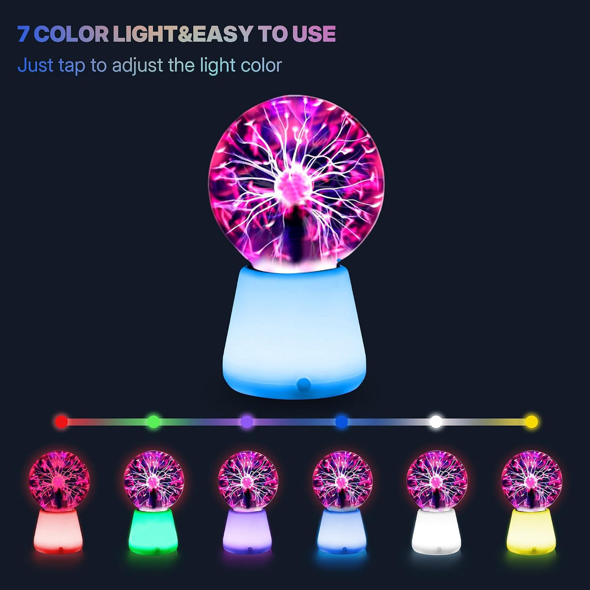 Plasma Ball Lamp 3-Inch, Touch Reactive Lightning Globe, USB-C Powered Electric Plasma Ball, 7-Color LED Base Night Light, Interactive STEM Science Toy, Desk Decor Gift