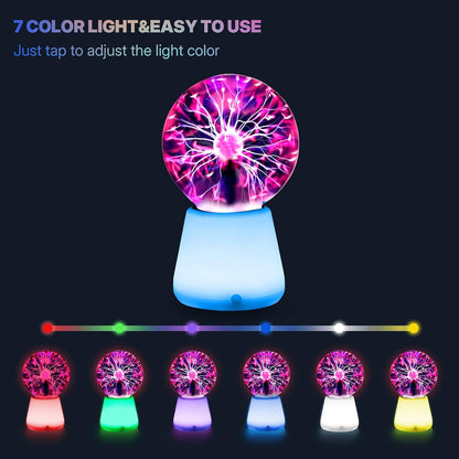 Plasma Ball Lamp 3-Inch, Touch Reactive Lightning Globe, USB-C Powered Electric Plasma Ball, 7-Color LED Base Night Light, Interactive STEM Science Toy, Desk Decor Gift