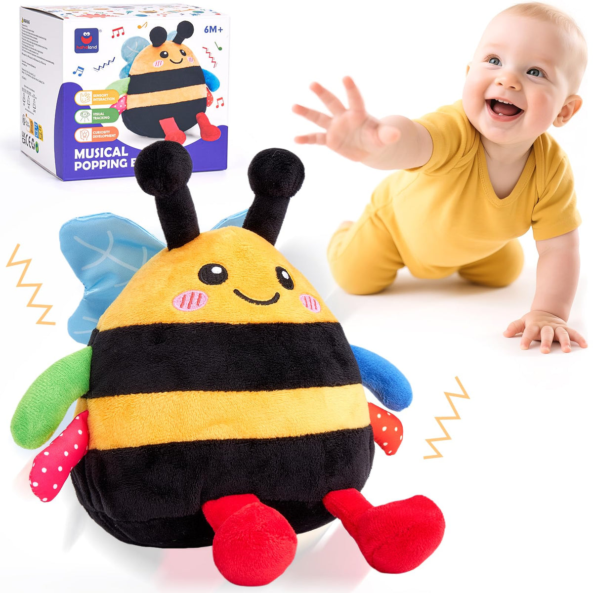 hahaland Musical Baby Soccer Toy for 6-9-12 Month, Plush Tummy Time Ball Toys, Electric Bouncing Infant Toy, Multi-Sensory Stimulation Crawling Talking Early Education Gift for 1 Year Old Boy Girl