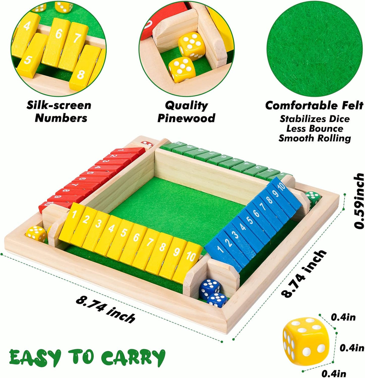 Shut The Box Game, 4-Player Wooden dice Game That's Perfect for Parties and Gatherings. It enhances Math and Decision-Making Skills While Providing Endless Entertainment.