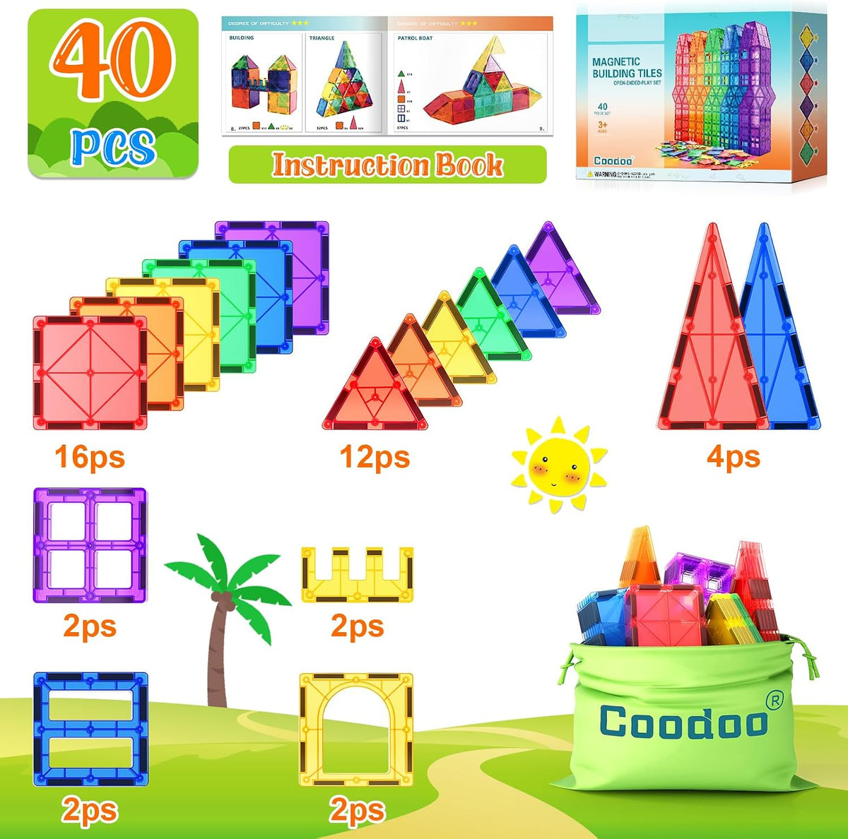 Coodoo Magnetic Tiles Kids Toys STEM Magnet Toy for Toddler Magnetic Blocks Building Preschool Learning Sensory Montessori Toys for 3+ Year Old Boys and Girls, Safe Creativity Toddler Kids Toy 40PCS