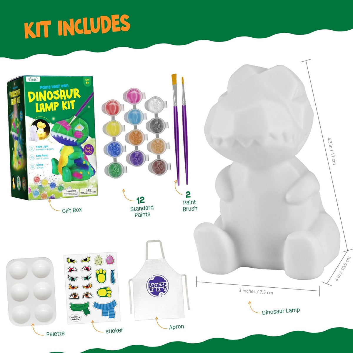 Paint Your Own Dinosaur Lamp Kit, Crafts for Kids Ages 6-12, Gifts for Boys