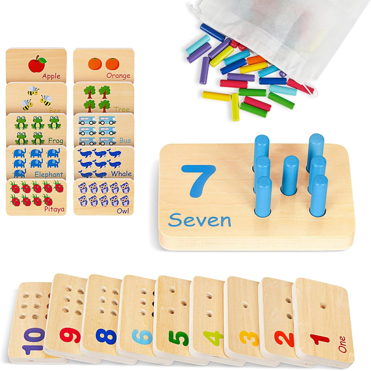 TOOKYLAND Peg Board Toddler Toys, Counting Wooden Toys with 55 Pegs