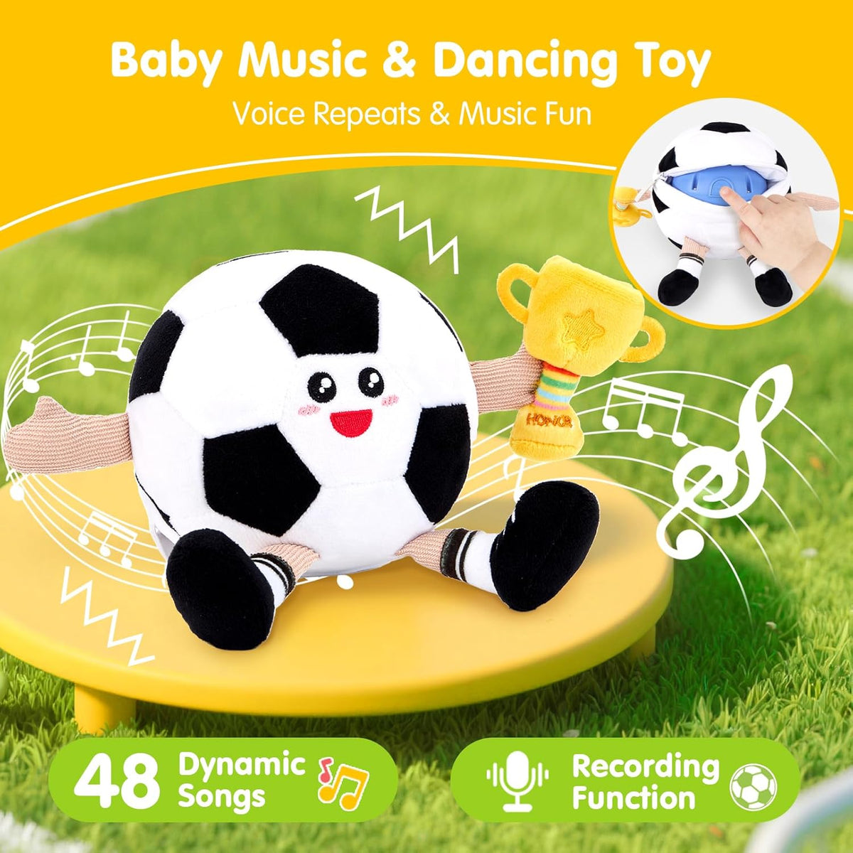 hahaland Musical Baby Soccer Toy for 6-9-12 Month, Plush Tummy Time Ball Toys, Electric Bouncing Infant Toy, Multi-Sensory Stimulation Crawling Talking Early Education Gift for 1 Year Old Boy Girl