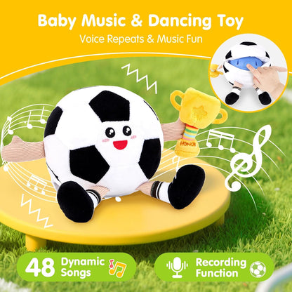 hahaland Musical Baby Soccer Toy for 6-9-12 Month, Plush Tummy Time Ball Toys, Electric Bouncing Infant Toy, Multi-Sensory Stimulation Crawling Talking Early Education Gift for 1 Year Old Boy Girl