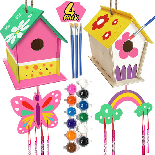 4 Pack DIY Bird House Wind Chime Kit for Crafts for Kids Ages 4-8