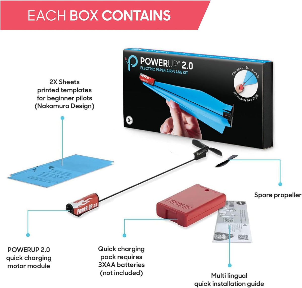 POWERUP 2.0 Paper Airplane Kit Electric Plane Motor Launcher DIY Toy - Blue