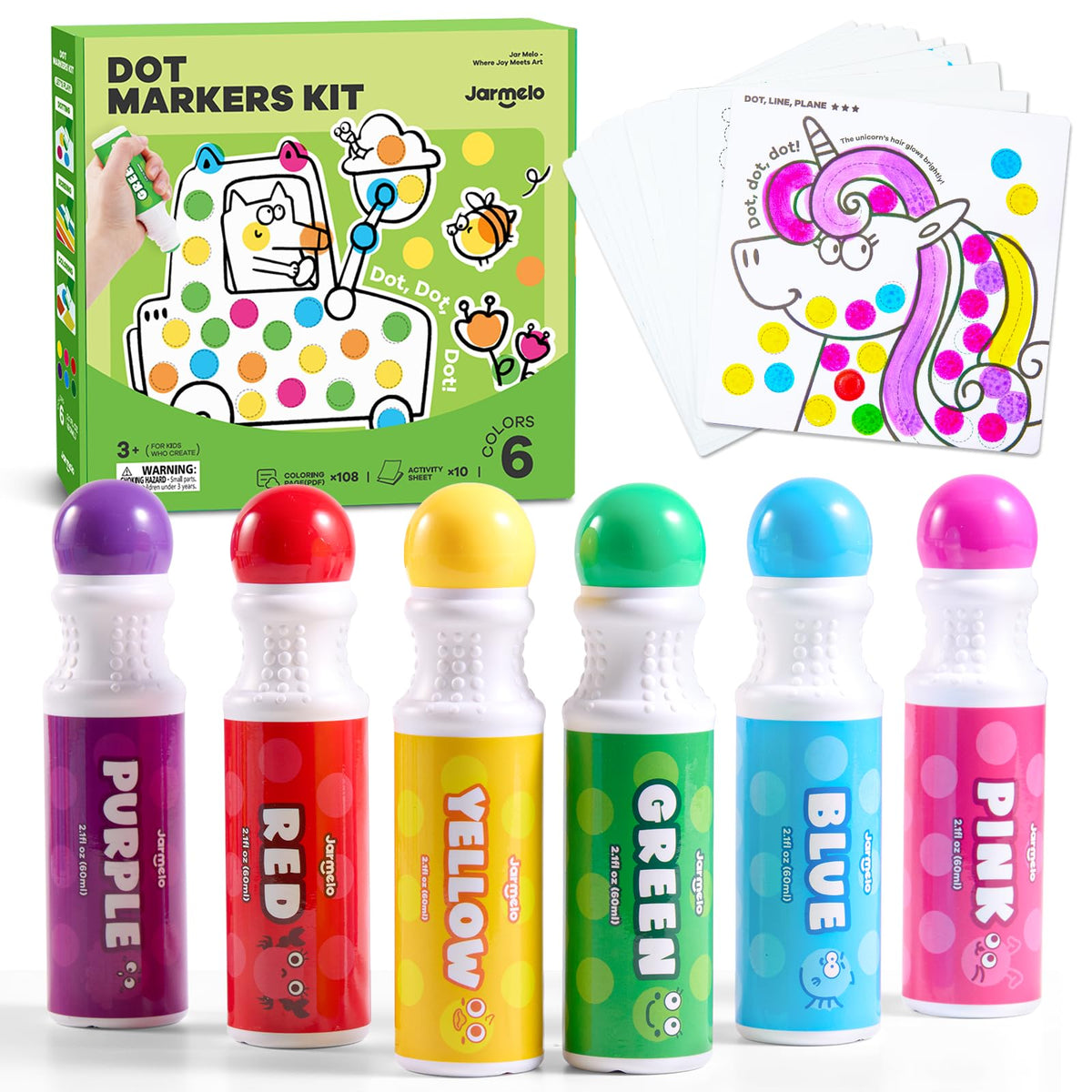 Jar Melo Washable Dot Markers for Toddlers, 6 Colors, Large 60ML