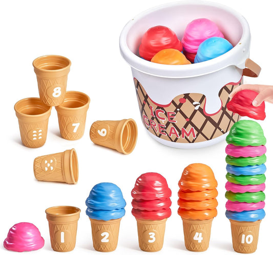 JoyCat Ice Cream Preschool Learning Activities Counting and Color Sorting Set Stacking Toys for Kids 1-5, Educational Fine Motor Skills Toys, 30PCS Math Manipulatives