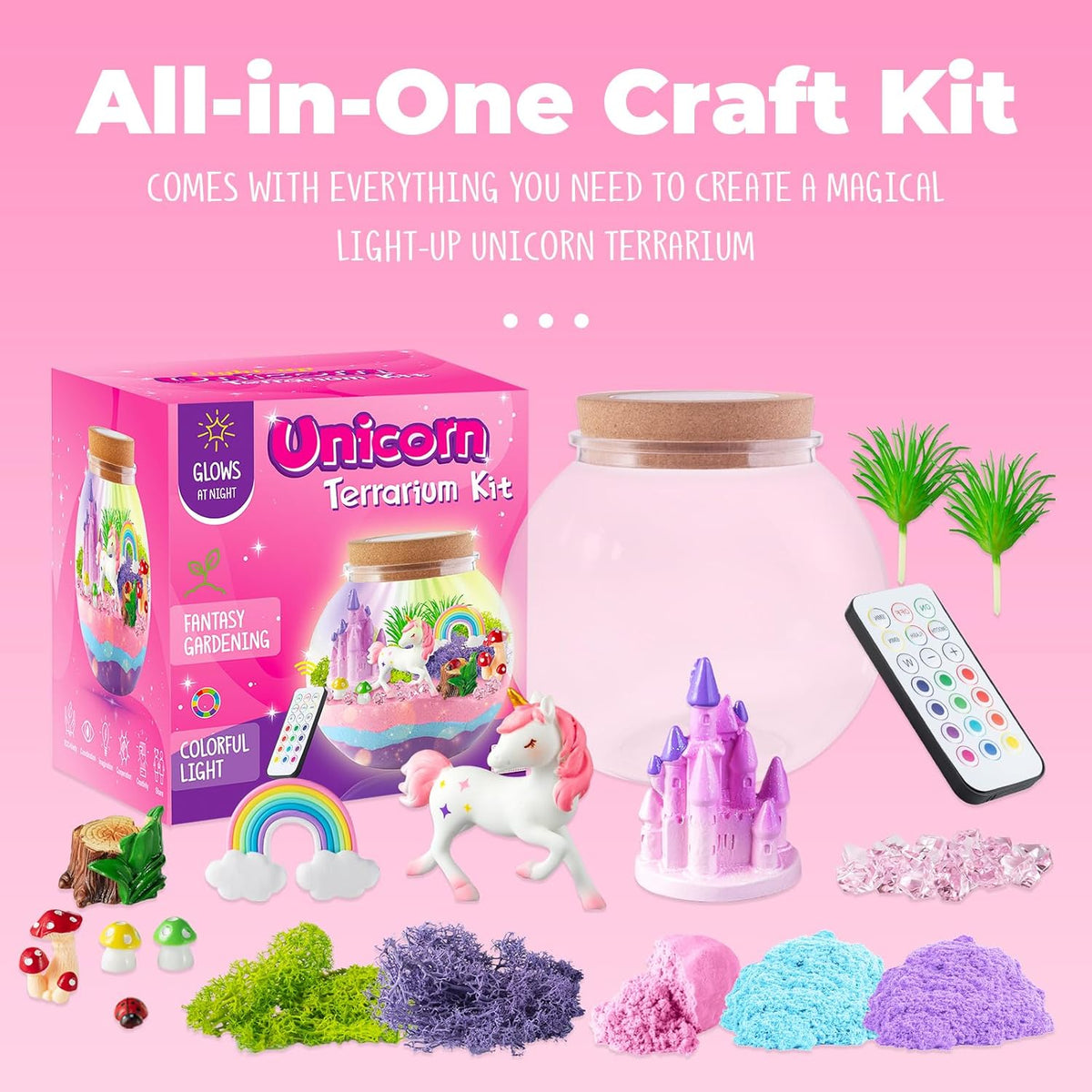 JOYEEMAX Unicorn Light-Up Terrarium Kit for Kids - LED Night Light Birthday Gift for Girls Ages 4 5 6 7 8-12 Year Old - Unicorn Toys for Girls - DIY Arts and Crafts Kit for Kids