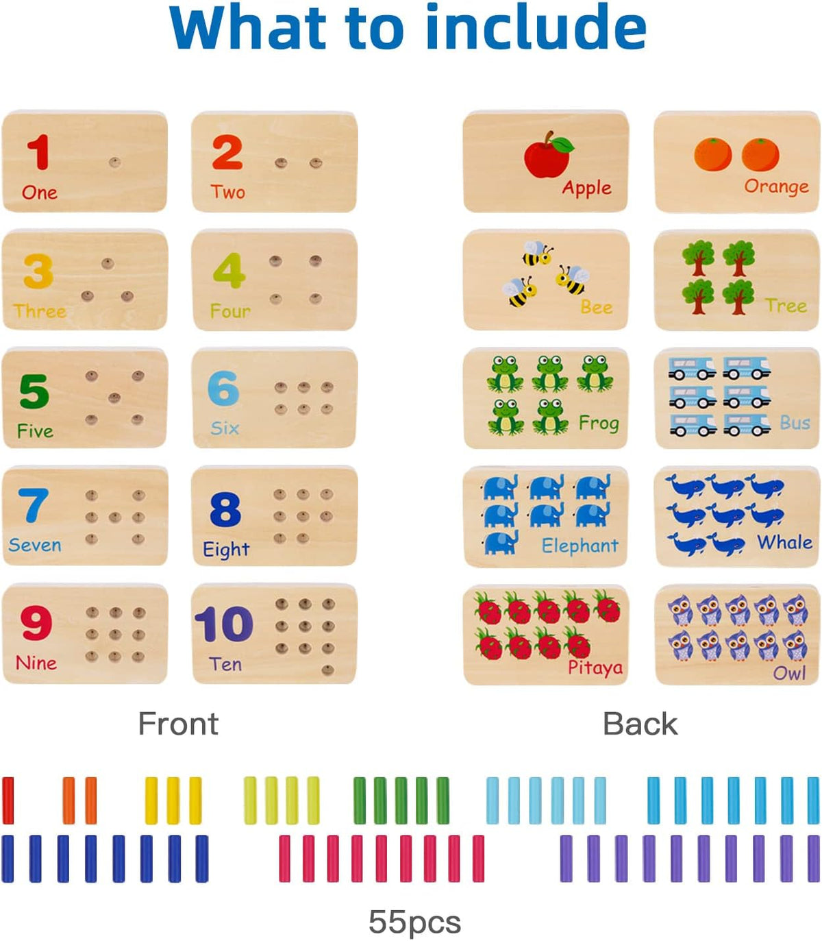 TOOKYLAND Peg Board Toddler Toys, Counting Wooden Toys with 55 Pegs