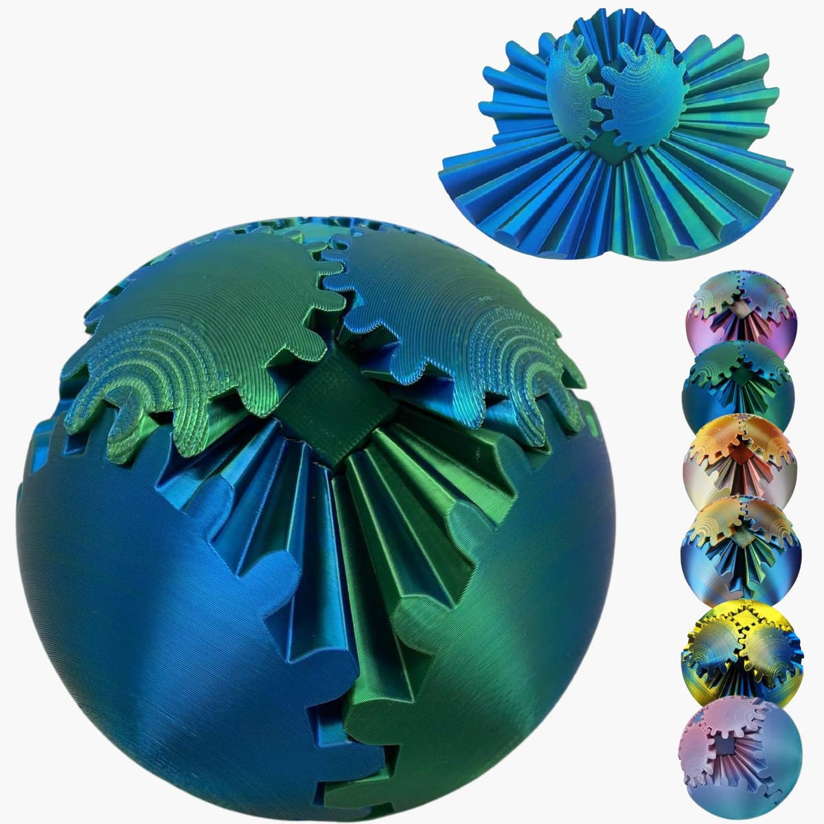 Gear Ball 3D Printed Spin Ball Cube Fidget Toys, Gear Sphere Fidget Toy, GearSphere Desk Toy Stress Fidget Balls, Fidgets Spinners for Adults & Kids Anxiety Relaxing (Laser Green Blue, 3.1 Inch)