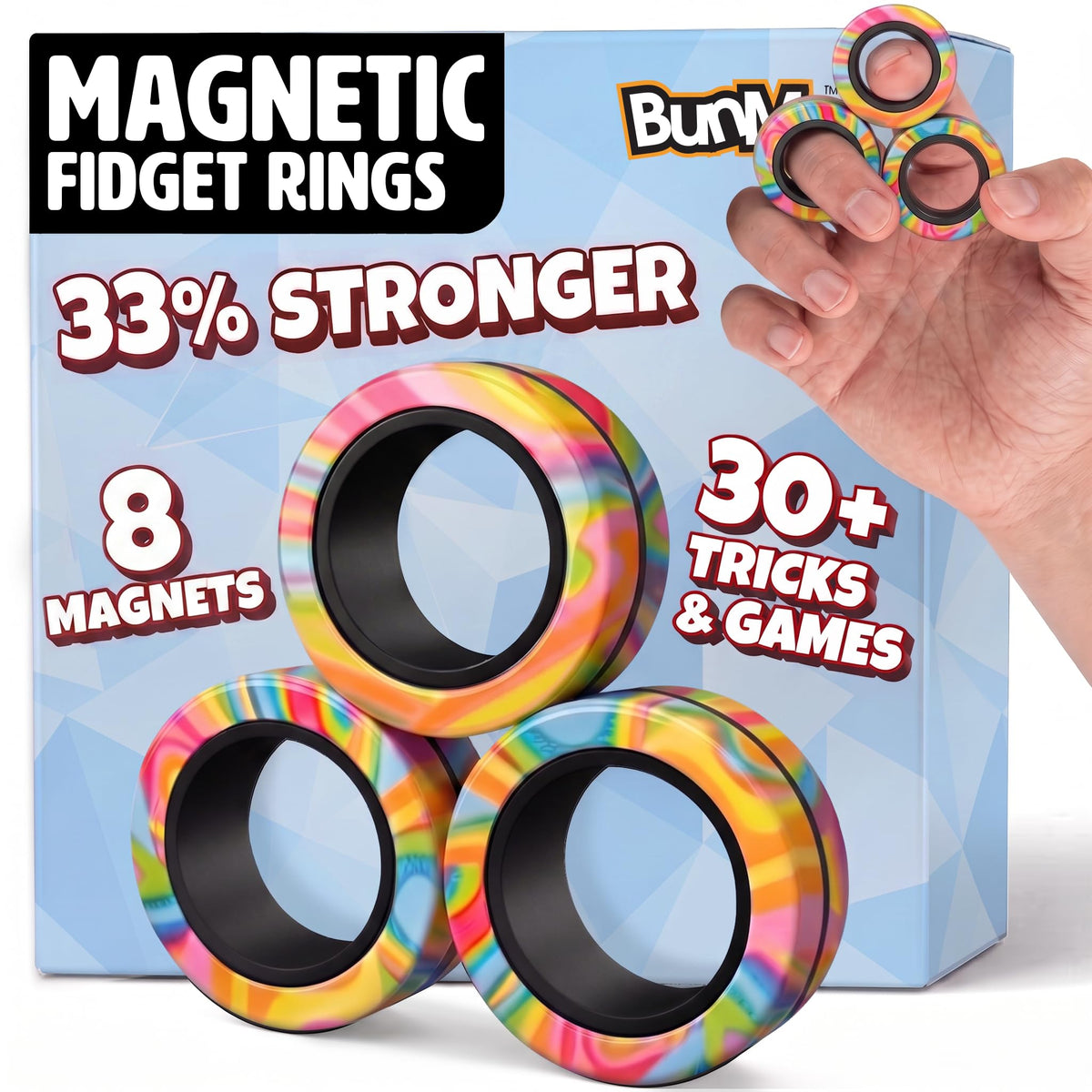 BUNMO Magnetic Fidget Rings – Fidget Toys Adults, Cool Fidgets for Teens, Quiet Fidget Toys, Maximum Strength 8 N50 Magnets, Endless Tricks, Teen Gifts, Fidgets for Kids 8-12, Adult Fidget Toys, Black