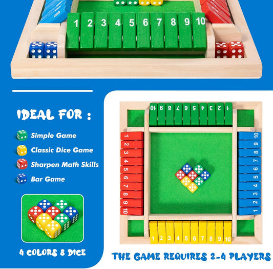Shut The Box Game, 4-Player Wooden dice Game That's Perfect for Parties and Gatherings. It enhances Math and Decision-Making Skills While Providing Endless Entertainment.