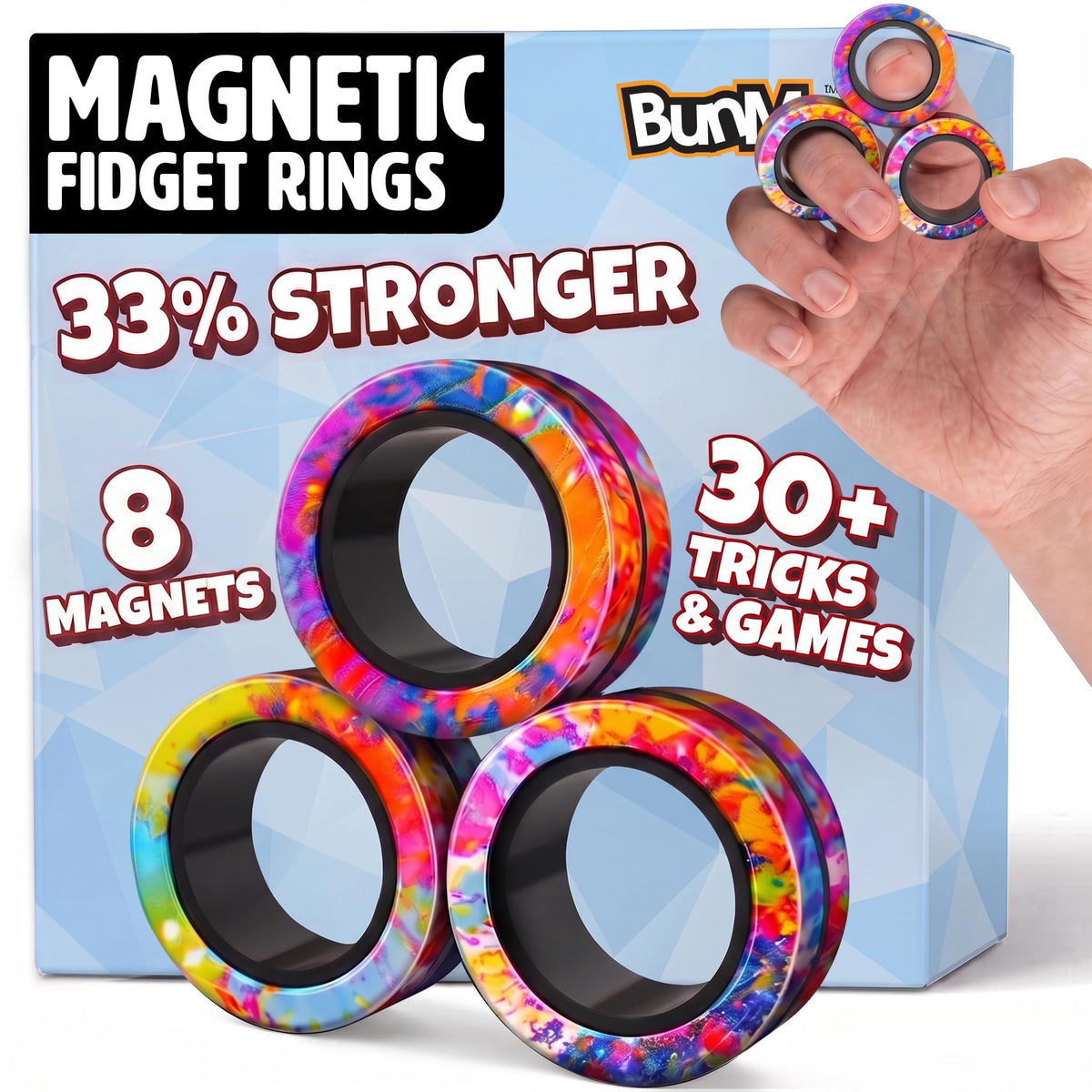BUNMO Magnetic Fidget Rings – Fidget Toys Adults, Cool Fidgets for Teens, Quiet Fidget Toys, Maximum Strength 8 N50 Magnets, Endless Tricks, Teen Gifts, Fidgets for Kids 8-12, Adult Fidget Toys, Black