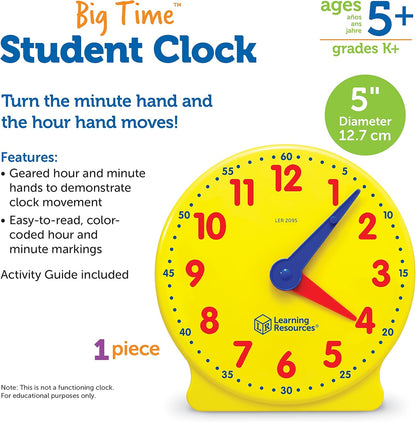 Learning Resources Big Time Student Clock, Teaching & Demonstration Clock, Develops Time and Early Math Skills, Ages 5+, Clock for Learning, 12 Hour,Back to School Gifts