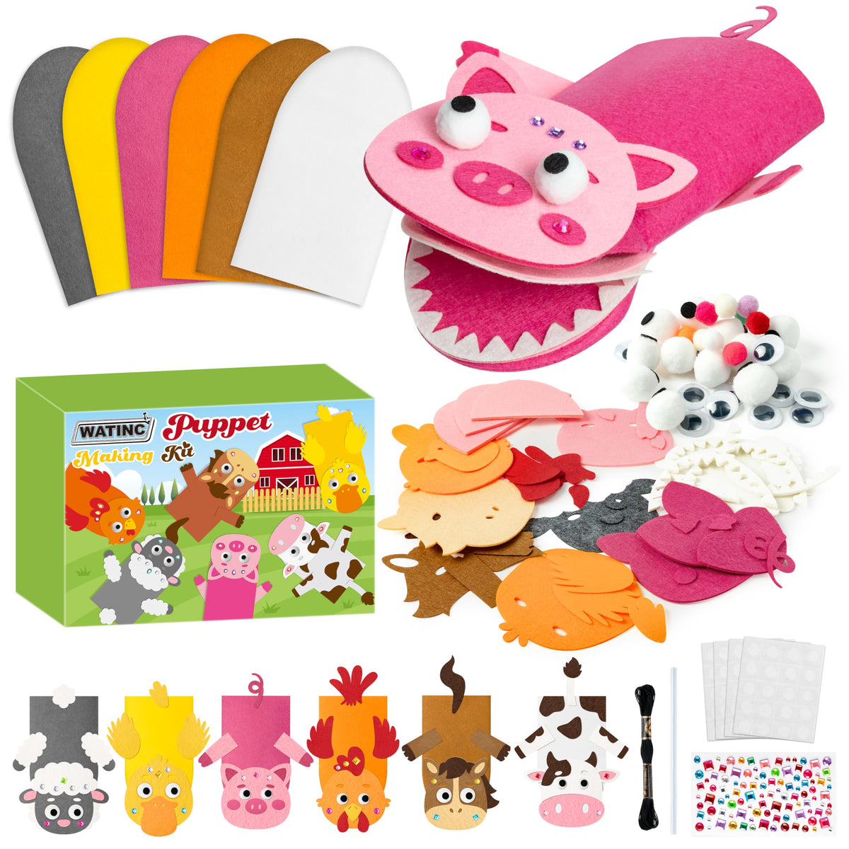WATINC Hand Puppet Making Kit, Felt Sock Puppet Toys for Kids (Animals)
