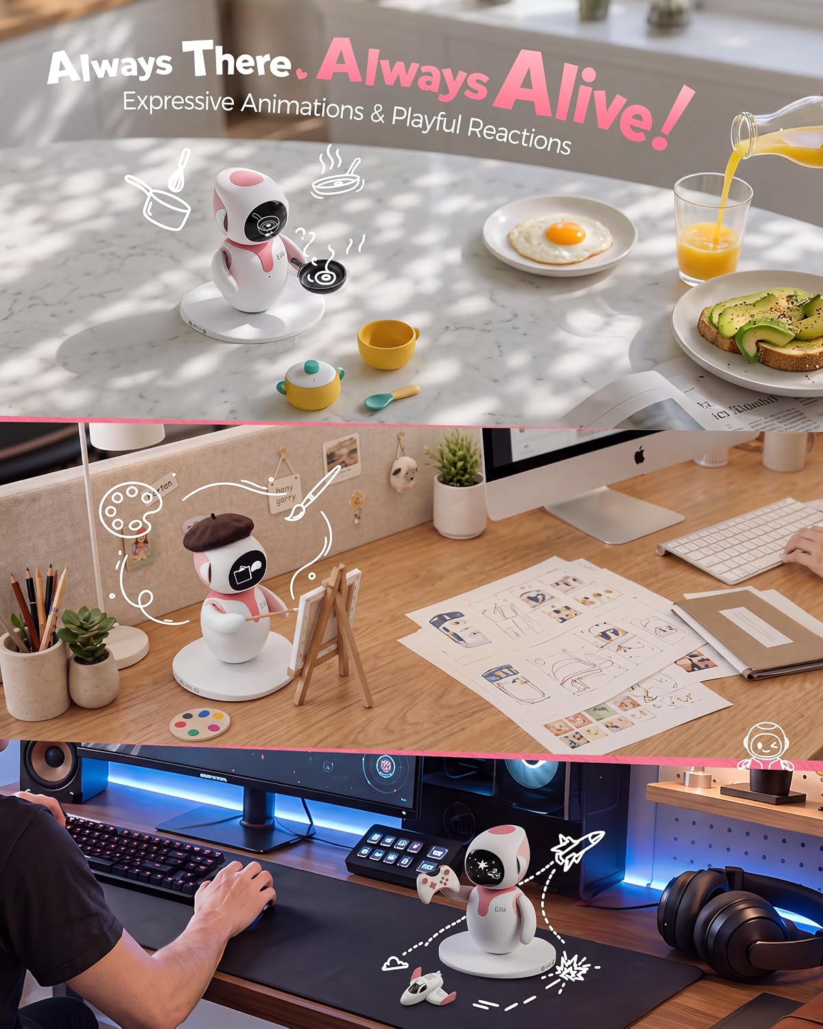 ENERGIZE LAB Eilik –Your Desktop Companion Full of Personality with Expressive Animations & Reactions, Touch-Responsive Play, Mini Games, Robot for Adults & Kids